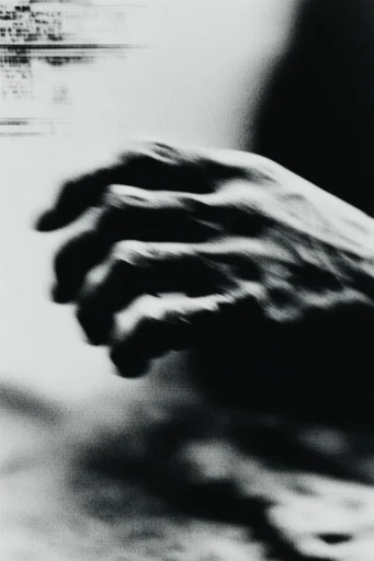Monochrome Glitch Noir style reference image — analog glitch distortion
