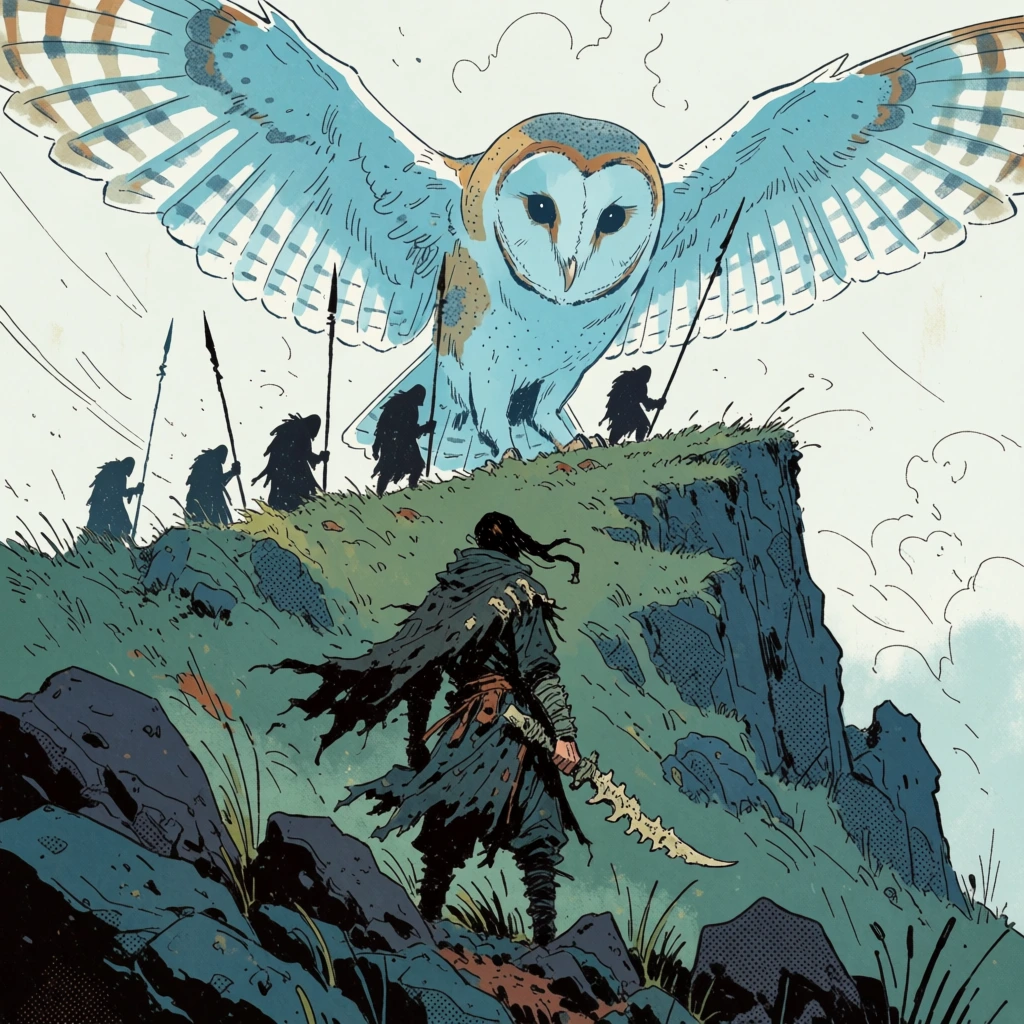 A lone warrior stands in a rocky foreground, gazing up at a group of silhouetted figures on a grassy cliff beneath a colossal, spectral barn owl with wings spread wide across the sky. The warrior is positioned in the lower center with their back to the viewer, wearing dark, tattered, layered clothing and a ragged cloak that reveals a serrated, bone-like blade held in their right hand. Their dark hair or headpiece winds toward the right. In the midground, five dark, hunched silhouettes stand atop a jagged, green-toned ridge, each holding a long, thin spear or staff against the pale background. Dominating the upper half of the composition is a massive barn owl rendered in light blue and white tones, its characteristic heart-shaped facial disk and large, dark circular eyes looking downward toward the warrior. The artwork features a graphic, comic-book style characterized by bold black ink outlines, textured halftone dot patterns for shading, and a limited color palette of teal, muted blue, dark grey, and touches of earthy brown. The perspective is a low-angle shot, emphasizing the towering presence of the cliff and the immense scale of the owl. Sparse, sketchy lines and faint cloud shapes populate the pale sky, while the foreground is cluttered with dark, jagged rock formations and tufts of grass.
