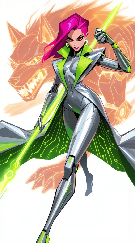 A stylized, dynamic cel-shaded illustration of a futuristic female cyborg in a sleek silver and neon-green combat suit striding forward. She wields a glowing energy staff and features bright magenta hair, metallic limbs, and a dramatic silver coat billowing to reveal green circuitry lining. Behind her, a massive, translucent robotic wolf materializes in glowing orange holographic lines, mirroring her aggressive combat stance with bared energy teeth. The artwork features sharp, angular shading, extreme foreshortening, and bold fashion-inspired proportions against a stark white background, emphasizing vibrant color blocking and intense kinetic energy.