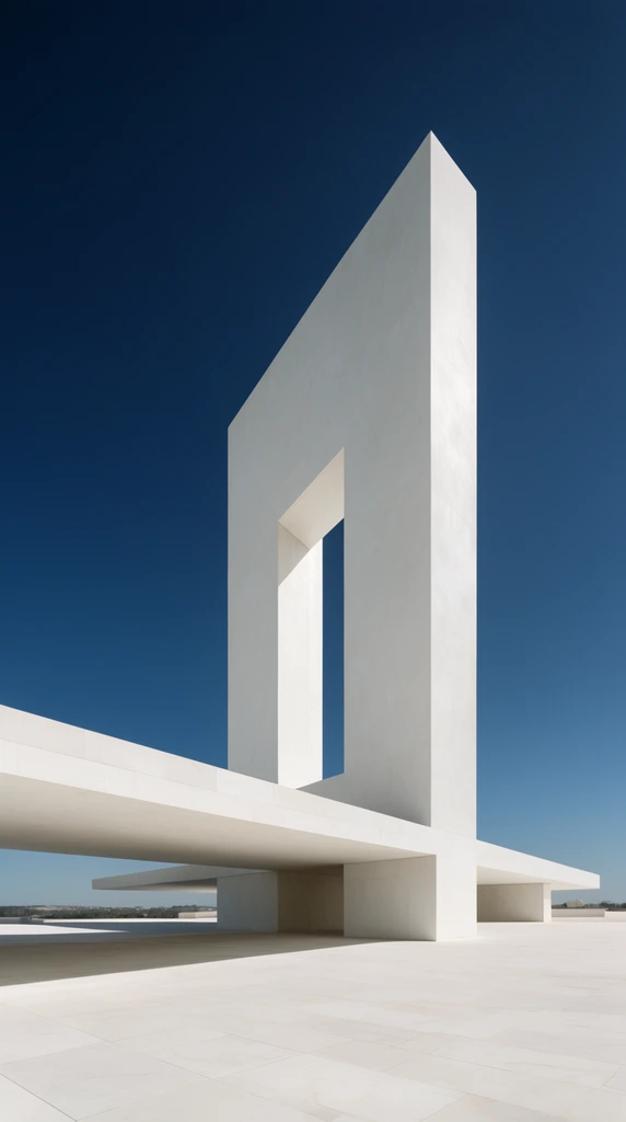 towering minimalist white monument, soaring vertical slab featuring a large rectangular cutout, intersecting flat horizontal pavilion with deep shadowed underhang, pristine smooth geometric forms, expansive paved plaza, flawless deep blue sky, low angle perspective, stark architectural photography, sharp sunlight, crisp shadows