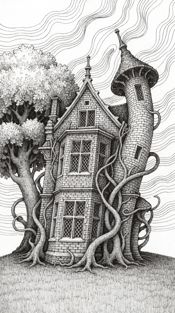 black and white pen and ink drawing, surreal leaning stone manor with intricate brickwork and latticed windows, thick swirling vines weaving around the architecture, curved mushroom-shaped tower leaning inwards, large tree with dense stippled foliage, dynamic sky formed by wavy contour lines, vertical hatching on the ground, highly detailed storybook illustration, meticulous stippling, intricate linework