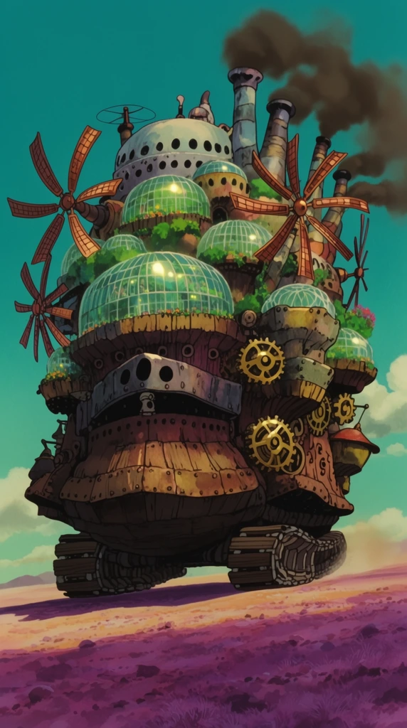 A colossal mobile fortress rolling on massive wooden treads traverses a sun-drenched violet desert. The highly detailed, chaotic structure features glowing glass greenhouses, spinning copper windmills, and brass gears, with steam billowing from upper domes. Captured in a low-angle wide shot against a bright teal noon sky in a traditional hand-painted animation style.