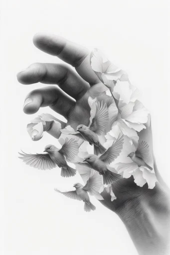 Monochromatic Surrealist Deconstruction style reference image — fragmented human form