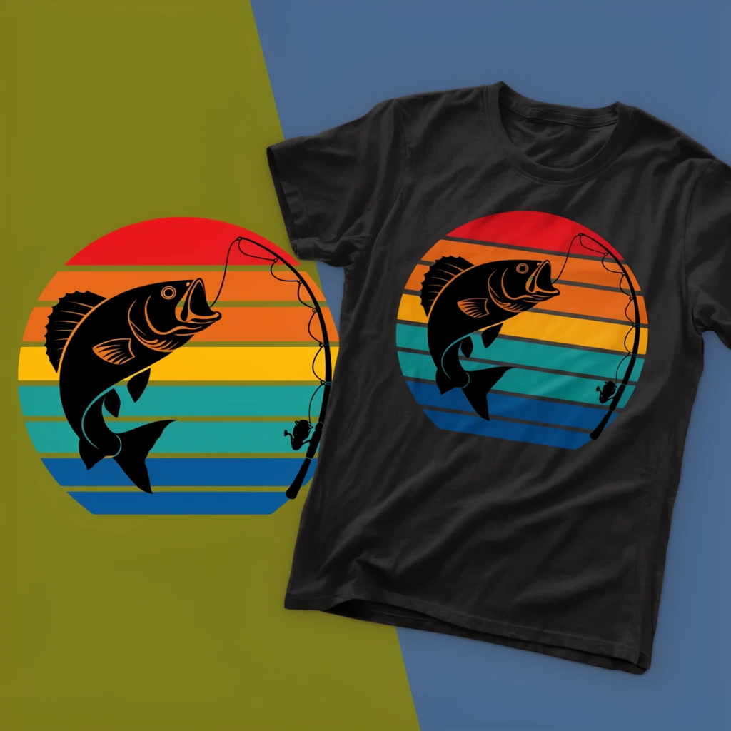 A diagonal split composition with an olive green surface on the left and slate blue on the right. A bold graphic design is shown flat on the left and printed on a black crew neck t-shirt lying flat on the right. The graphic features a circular retro sunset built from crisp horizontal bands of red, orange, yellow, teal, and blue. Layered over the colorful stripes is a stark black silhouette of a leaping fish with an open mouth, attached to a curved line cast from a fishing rod at the edge of the circle. The dark cotton t-shirt displays this exact vivid emblem on its chest, with soft studio lighting emphasizing the natural, relaxed folds and draped texture of the fabric.