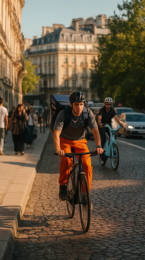 A male cyclist riding a black bicycle toward the viewer on a cobblestone street during golden hour. He wears a black helmet, a grey short-sleeved shirt, bright orange pants, and a bulky dark blue delivery backpack. Behind him, another cyclist rides a light blue bike alongside distant vehicles. Pedestrians stroll along a sunlit stone sidewalk on the left. The softly blurred background features classic European architecture with mansard roofs and green trees. Warm directional sunlight casts long shadows, enhancing the rich color palette and cinematic street photography aesthetic.