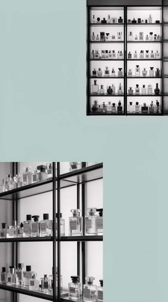 Presentation slide featuring two inset black-and-white photographs of perfume bottles on shelves, set against a solid pale seafoam green background, the top right image shows a backlit cabinet with multiple rows of various shaped bottles, the bottom left image displays a close-up of bottles arranged on modern geometric black metal shelving units, clean minimalist design, corporate or agency portfolio layout