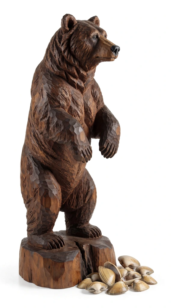 intricately carved wooden bear sculpture standing on hind legs, dark brown wood with detailed fur texture, facing right with curled front paws, rustic wooden base, small pile of beige and tan clam shells scattered by its feet, pure seamless white background, soft studio lighting, sharp focus, high-end product photography