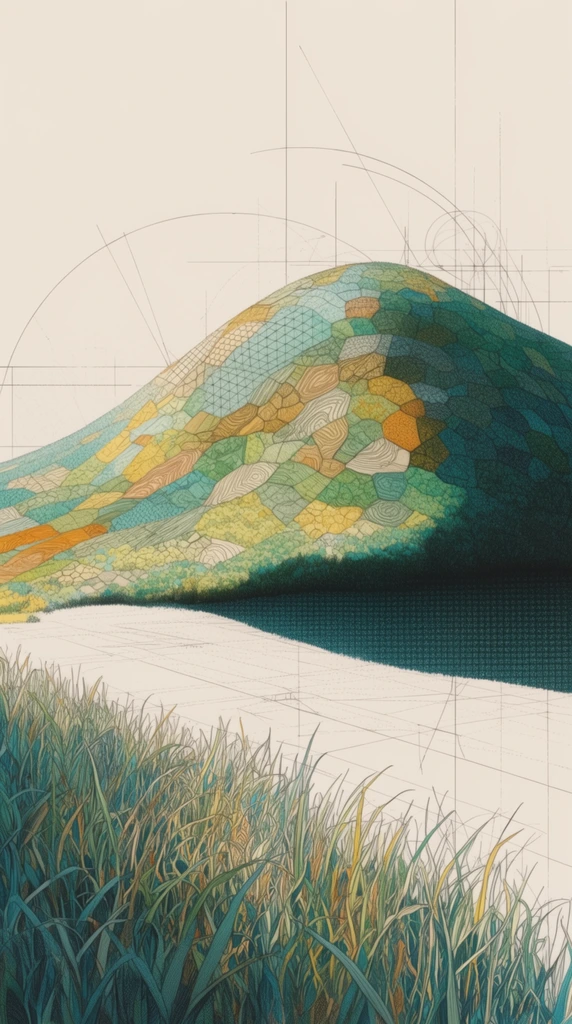 Tall grass leading up to a large hill, rendered in a precise architectural illustration and clear-line drawing style. The foreground features dense blades of grass articulated with crisp, fine black ink outlines, intricate stippling, and a vibrant color palette of teal, emerald green, pale yellow, and ochre. The sweeping hill dominates the landscape, its surface detailed with cellular mosaic-like segmentation, topographic wood-grain contours, and precise geometric grid patterns mapped seamlessly across its curving volume. The organic forms are set against a stark, creamy off-white parchment background heavily intersected by faint, precise architectural drafting lines, structural vertical axes, and sweeping geometric arcs that extend into the empty space. Stark, directional lighting illuminates the scene, casting a deep, dense, dark teal shadow with a subtle gridded and pointillist texture stretching out from the base of the hill onto the flat ground plane. The composition merges natural landscape elements with meticulous technical drafting, utilizing precise stippling for shading gradients and crisp geometric tessellation across the brightly colored natural surfaces.