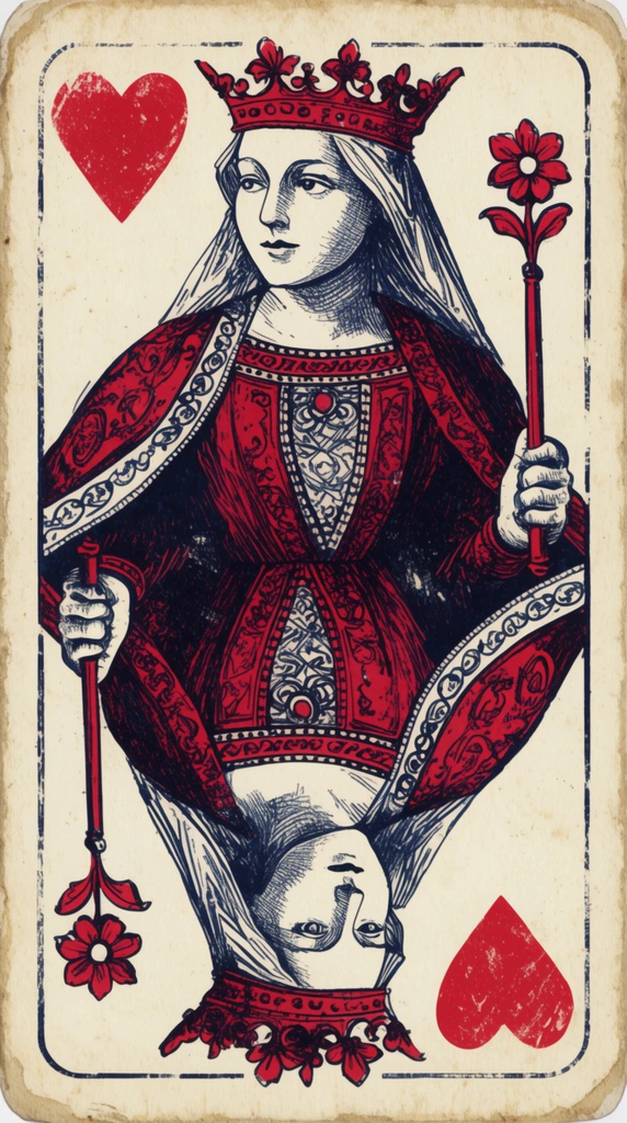 vintage playing card illustration, mirrored portrait of a crowned woman, intricate medieval garments in deep red and navy blue ink, large red heart shapes in opposite corners, stylized flower scepter, distressed cream paper texture, worn edges, woodcut engraving style, symmetrical reversible composition