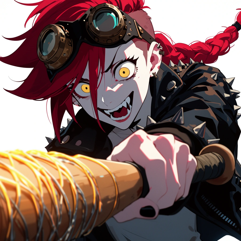 fierce anime girl with a crimson undercut and a thick braid, wide yellow eyes, fanged manic grin, leaning forward dynamically, wearing a studded leather jacket, thrusting a glowing wire-wrapped baseball bat directly at the viewer, extreme foreshortening on the hand and bat, steampunk goggles on forehead, pale skin with harsh angular shadows, cel-shaded digital illustration, crisp linework, dramatic high-contrast lighting, stark minimalist white background