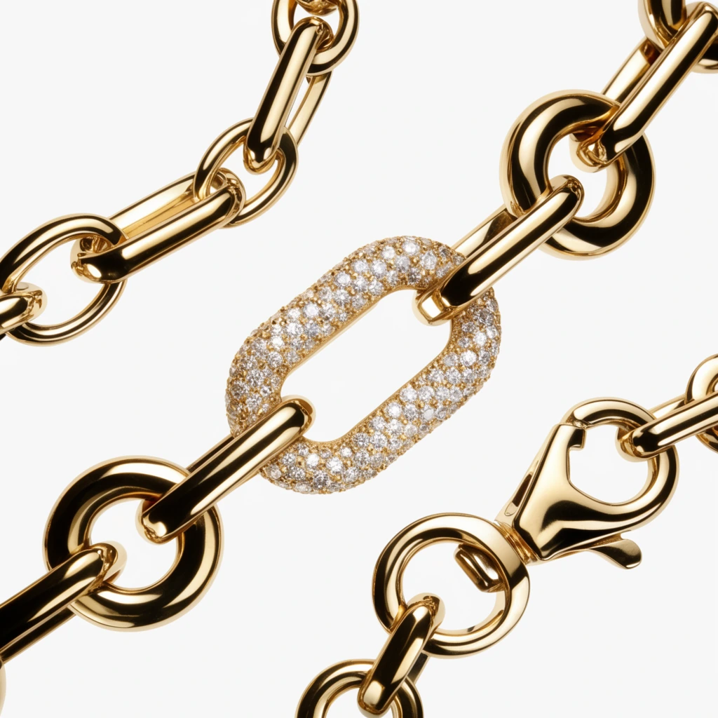 macro photography of a heavy gold chain necklace against a pure white background, thick interlocking circular and elongated bar links, highly polished reflective surfaces with intense specular highlights, one prominent link densely encrusted with tiny white diamonds, intricate open lobster clasp, dynamic floating arrangement, luxurious high-fashion jewelry, razor-sharp focus, crisp studio lighting