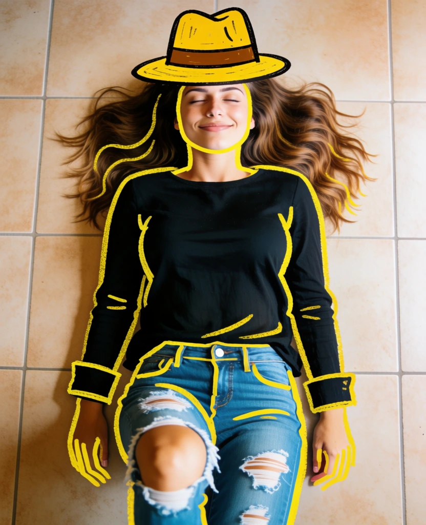 A woman with long, wavy brown hair sits on a light-tan tiled floor, her eyes closed and a gentle smile on her face as she looks slightly upward. She wears a long-sleeved black top and distressed blue jeans with large rips at the knees. A digital illustration of a yellow fedora-style hat with white highlights is superimposed over her head. Golden-yellow digital lines trace her silhouette, the edges of her sleeves, the cuffs and rips of her jeans, and the details of her footwear. Her visible left foot is clad in a yellow high-top sneaker with white laces and a white rubber sole, also outlined in yellow. Large, wavy, abstract shapes in solid red, orange, cream, and muted blue flow from the edges of the frame, layering behind and around her. In the middle-left area, near the woman's right leg, the word "eiclo" is written in a thin, cursive, golden-yellow font. The image uses a high-angle perspective, looking directly down at the subject, and combines realistic photography with flat, two-dimensional graphic design elements. The lighting is bright and even, casting soft shadows on the floor tiles, while the color palette is warm and vibrant, centered on the primary tones of the digital doodles.