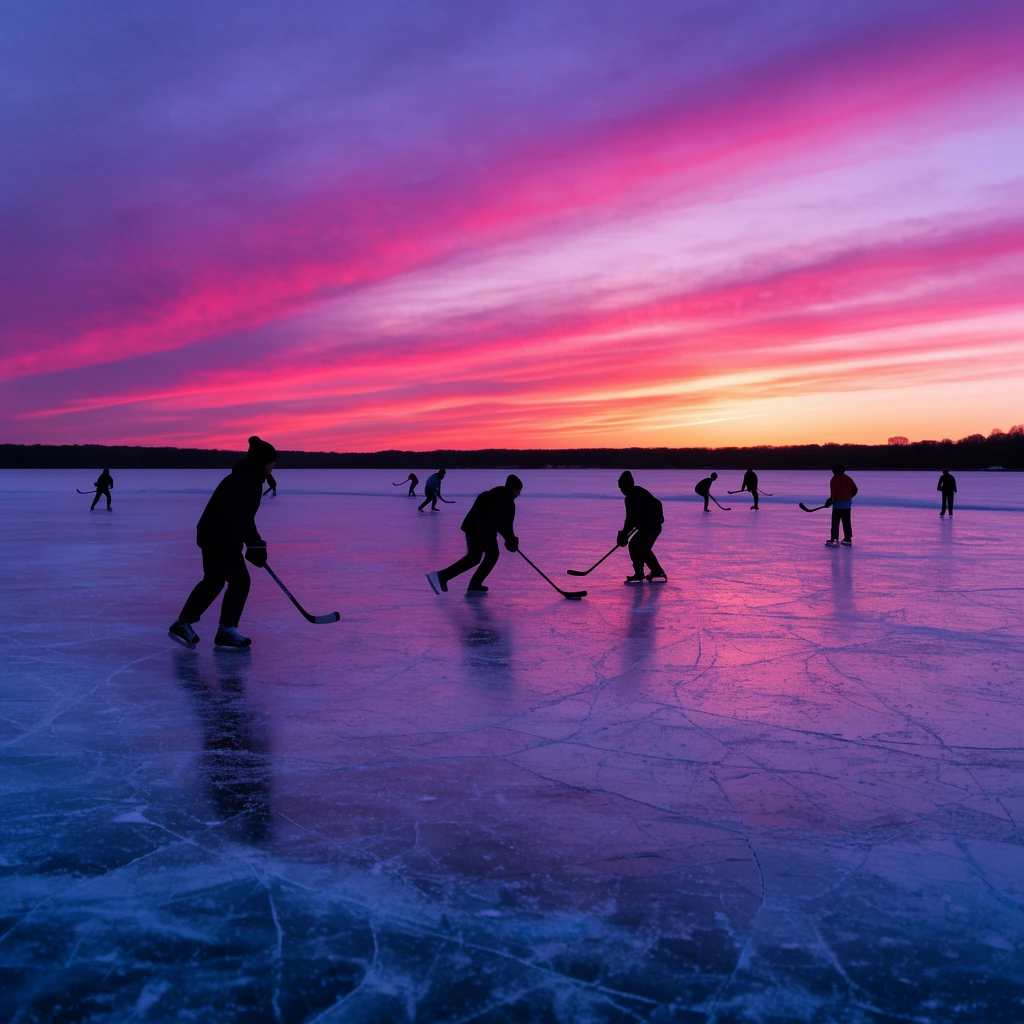 Silhouetted figures skate and play hockey across a vast, cracked frozen lake beneath a dramatic sunset. Vibrant streaks of magenta, pink, and orange illuminate the purple sky, reflecting softly on the scarred ice. A dark, distant treeline grounds the luminous horizon.