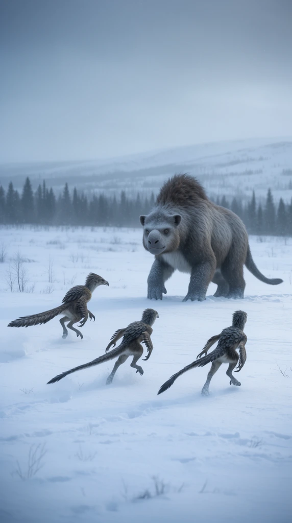 vast snowy tundra, large robust quadrupedal prehistoric beast standing defensively, three bipedal feathered predators with long tails running away across deep snow, distant dark evergreen tree line, rolling hills, overcast pale blue-grey sky, soft hazy winter atmosphere, muted cool color palette, cinematic wide shot, photorealistic wildlife aesthetic