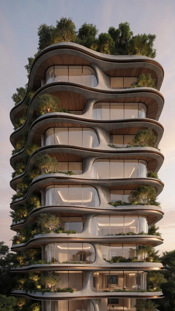 A dramatic dusk city view of a futuristic mid-rise building whose stacked, flowing terraces are wrapped in glass and overflowing with trees and shrubs, making it look like a vertical garden sculpted into an office or residential tower. Architectural visualization, ultra-realistic CGI render, contemporary organic architecture, biophilic design, parametric facade, luxury mixed-use tower, editorial real-estate imagery, cinematic, sleek, high-end, serene, sophisticated, highly detailed, visually complex but orderly, Zaha Hadid-adjacent, MAD Architects-adjacent, Heatherwick Studio-adjacent, warm wood and bronze against cool blue-gray sky, amber interior glow, deep green foliage, charcoal structural bands, soft evening exposure, medium contrast, crisp sharpness, clean reflections, no obvious noise, no motion blur, no visible lens distortion, polished render-like perfection, wet street reflections, subtle atmospheric softness.
The building dominates the center and right-center of the image, rising roughly nine visible levels above a planted ground floor. Its defining feature is a series of undulating horizontal floor plates that curve outward and inward like ribbons; each slab edge is a dark metallic bronze-black band, and the undersides are lined with warm honey-toned wood slats. Between these bands, full-height glass walls reveal softly lit interiors with pale cream ceilings and open rooms. Every terrace is densely planted with small trees, bushes, and trailing greenery, especially along the left edges and near the corners, with the top roof terrace crowned by taller shrubs and small trees silhouetted against the sky. On the left background stands a more conventional modern office block, a rectangular glass-and-concrete tower with a pale gray frame and a grid of reflective windows. At the far right edge, a darker neighboring building forms a vertical border. At street level, lush landscaping spreads across the frontage: illuminated planters, shrubs, and several mature trees, including a large leafy tree occupying the lower right quadrant and partially obscuring the first two floors. The road in the foreground is wet and reflective, with white lane markings and a faint crosswalk at bottom left. An orange car with headlights on appears at the lower left corner, while a small solitary pedestrian in dark clothing stands near the curb just left of center. The sky is a uniform overcast blue-gray, providing a calm backdrop that emphasizes the building’s warm internal glow.
