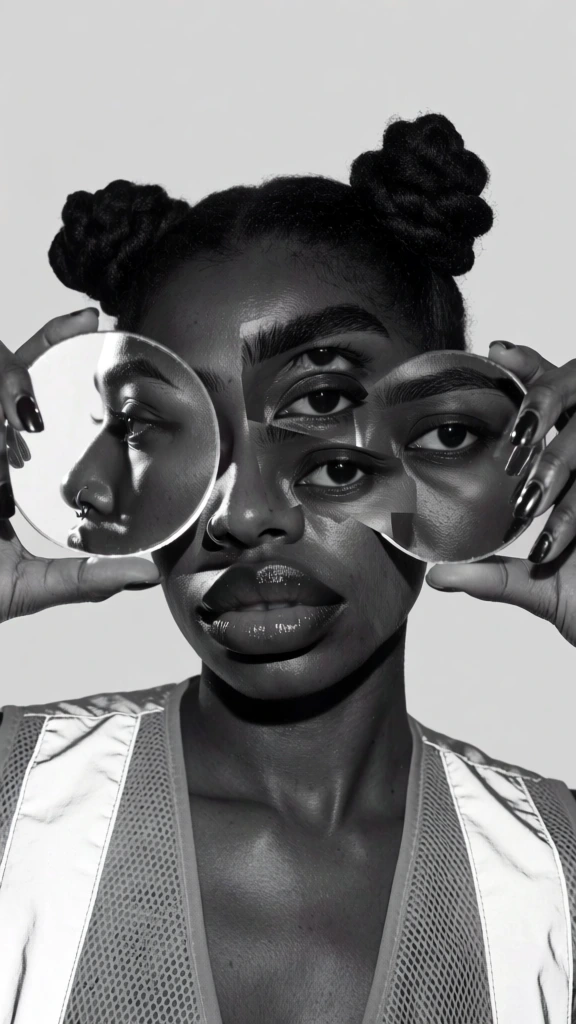 A black and white surrealist portrait features a person with layered, fragmented facial features holding two circular mirrors against a plain background. The central subject has dark skin and hair styled into two textured knots on the upper sides of the head. Their face is composed of overlapping, sharp-edged photographic fragments that create a distorted, cubist effect; a large set of glossy lips and a nose occupy the lower center, while three distinct eyes and multiple eyebrow segments are scattered across the mid-section. The person holds two small, round mirrors at ear level with hands featuring dark, polished fingernails. The mirror on the left reflects a profile view of the person’s face, showing a nose ring, while the mirror on the right reflects a portion of an eye and the gripping fingers. The subject wears a light-toned, reflective vest with textured, mesh-like straps over the shoulders. The background is a flat, uniform light grey, while the lighting is direct, creating high-contrast shadows on the facial fragments and highlighting the skin's oily texture. This medium close-up shot uses a centered composition to emphasize the complex layering of the subject's features and reflections.