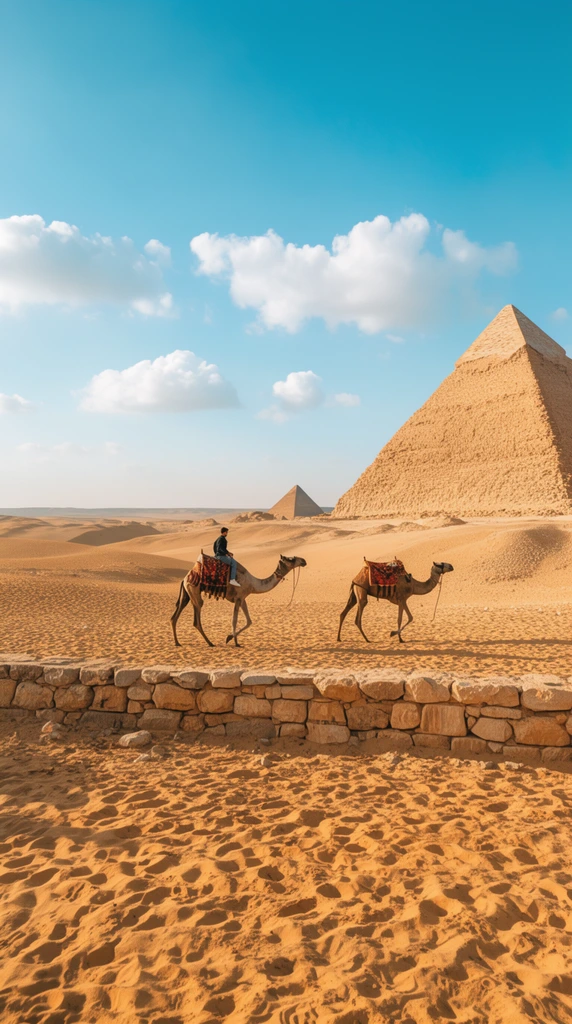 wide desert landscape, massive ancient stone pyramid dominating the right background, smaller pyramid in distant center, person riding a saddled camel across sandy dunes, second camel walking nearby, low rough-hewn stone wall spanning the foreground, bright clear blue sky, scattered fluffy white clouds, warm golden sunlight, deep shadows on textured sand, wide-angle daytime photography