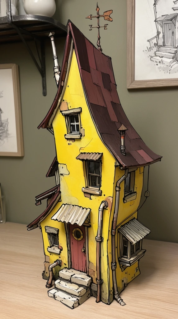 A whimsical, elongated architectural model of an asymmetrical yellow house rests on a light wooden desk against a muted olive-green wall. The multi-story structure features vibrant yellow walls accented by heavy black contour lines, creating a stylized, hand-drawn aesthetic. Its steep, lopsided roofs are painted in patchwork shades of dark reddish-brown. The ramshackle facade includes a reddish-brown front door with a porthole window, crude stone steps, irregular windows, protruding pipes, corrugated awnings, and a rustic weather vane atop the highest peak. The softly lit background reveals partially visible framed sketches and a dark metal shelf holding a white ceramic vessel. The artwork seamlessly blends 3D structural rendering with a 2D ink-and-wash style, emphasizing the eccentric, expressionist proportions of the miniature building.