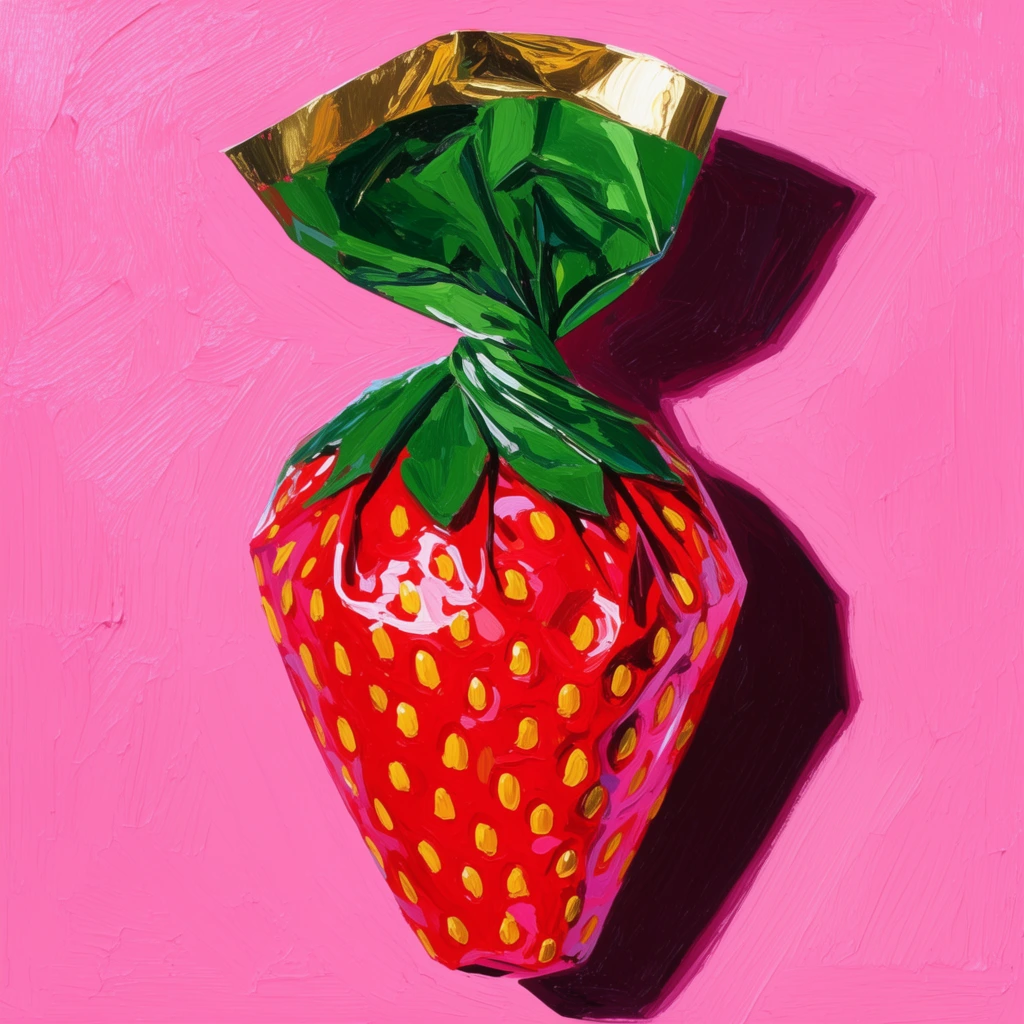 An impasto painting of a wrapped strawberry candy on a textured, bright pink background. The candy wrapper has a vivid red base speckled with yellow seeds and a twisted green leafy top revealing a gold lining. Thick, expressive brushstrokes and a sharp dark cast shadow to the right emphasize the bold pop-art composition.