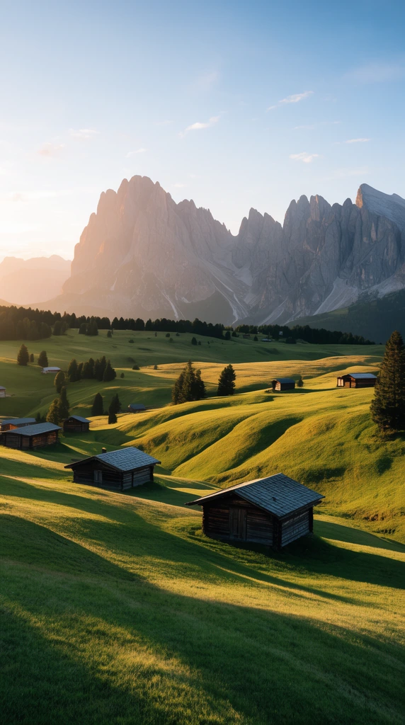 sweeping alpine meadow at golden hour, rolling green hills, rustic wooden cabins, scattered pines, long shadows, jagged mountain peaks, wide landscape photography