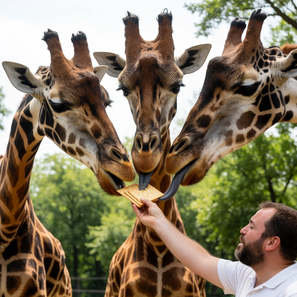 Three giraffes lean their long patterned necks down to take food from two people. A bearded man in a white polo and an outstretched arm hold flat crackers. One giraffe extends its dark tongue to grasp the snack. Lush green trees fill the bright background. The low camera angle emphasizes the animals' towering scale.