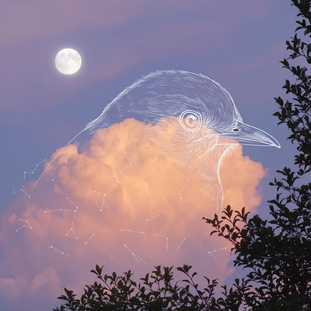 fluffy peach-colored cumulus cloud seamlessly merging into a delicate white line-art illustration of a bird's head, intricate contours forming a beak and eye, soft purple and blue twilight sky, bright full moon in the upper left, faint white constellation lines scattered around the cloud, dark silhouetted leafy tree branches framing the bottom and right edges, mixed media combining photography and digital drawing, ethereal magical realism, surreal atmosphere