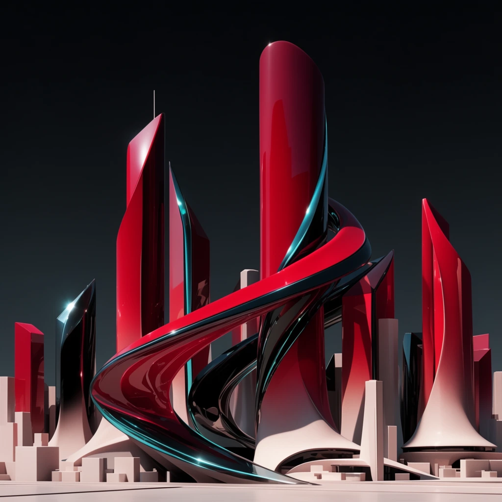 An avant-garde, sculptural city skyline set against a stark, dark sky. The architectural structures feature surreal, sweeping geometric forms and dynamic, ribbon-like bands wrapping around the main towers. The buildings are constructed from contrasting materials, blending smooth, pale matte foundations that transition seamlessly into deep, saturated crimson red. Orbiting structural elements display ultra-glossy, lacquered finishes in vibrant red and obsidian black, catching razor-sharp, bright teal and cyan specular highlights. Intense, pristine directional lighting creates dramatic contrast against the dark background, emphasizing the hyper-polished, plastic-like and metallic textures of the skyscrapers. The composition is immaculate and highly stylized, defined by crisp edges, deep shadows, and gleaming, liquid-like architectural curves that evoke high-end, hyper-realistic 3D design.