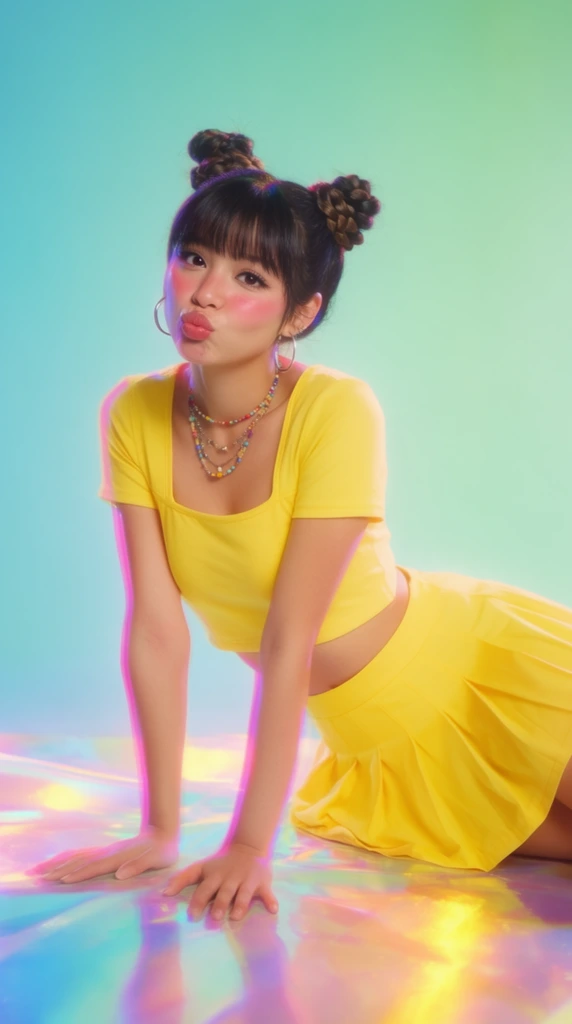 A young woman in a bright yellow outfit leans over an iridescent surface against a cyan and mint green gradient background. Her dark hair is styled in twin braided top knots with straight bangs, framing a face with flushed pink cheeks and playfully pouting lips. She wears a short-sleeved square-neck crop top, a matching high-waisted pleated miniskirt, silver hoop earrings, and layered beaded necklaces. Her hands spread flat on a glossy, holographic foreground plane reflecting shifting hues of pink, yellow, and blue light. The portrait features a colorful retro-pop studio aesthetic with soft, glowing illumination and prominent magenta chromatic aberration fringing her silhouette, creating a vibrant, high-key visual effect.