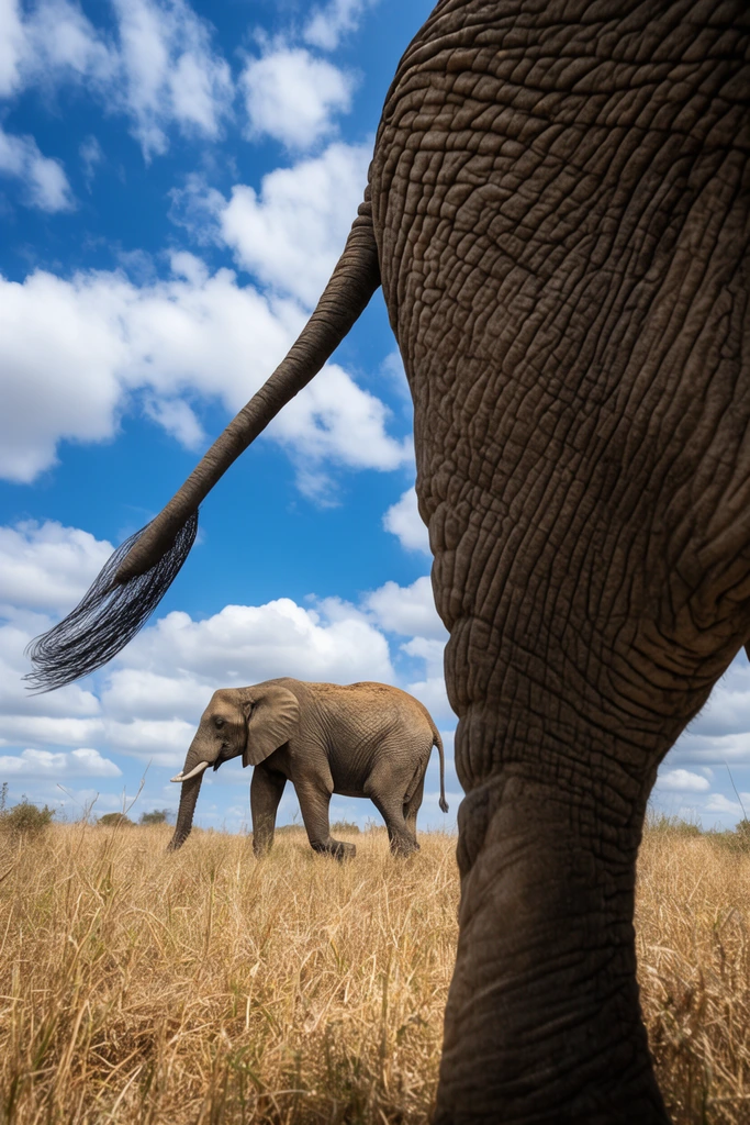 extreme low-angle wildlife photography, massive wrinkled elephant leg in right foreground framing a second elephant walking through dry grassy savanna, bright blue sky, cumulus clouds