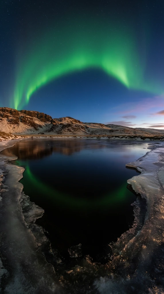 A panoramic nightscape dominated by a vibrant, arching green aurora borealis spanning across a star-filled, deep blue sky. Below the aurora, a stark, rugged landscape of snow-dusted, brown and rocky hills lines the horizon, their forms illuminated by a soft, distant glow. The foreground features a large, dark body of water, perfectly still, acting as a mirror reflecting the brilliant green arc of the northern lights and the faint twilight hues on the right. The edges of the water are encased in thick, uneven ice shelves, their textured surfaces catching faint glimmers of light, framing the dark pool and leading the eye toward the center of the composition. The overall scene is serene and expansive, captured with a wide-angle lens to emphasize the majestic scale of the natural phenomenon.