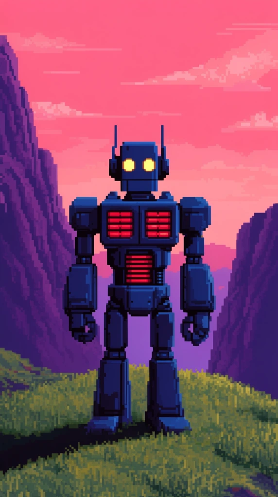 pixel art, blocky dark blue robot, glowing yellow eyes, red glowing chest vents, standing on grassy hilltop, steep purple mountains, pink sunset sky, retro aesthetic