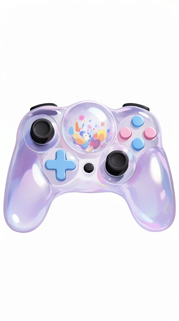 translucent video game controller, glossy inflatable bubble-like shell, central dome containing tiny colorful abstract shapes, black analog sticks, pastel blue directional pad, pink and blue action buttons, soft iridescent purple reflections, smooth curvy contours, 2D digital illustration, plain white background