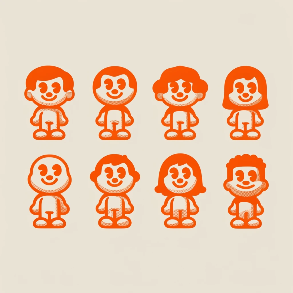 Eight stylized character designs arranged symmetrically in two horizontal rows across a smooth, cream-colored background. The characters are rendered in a vintage mid-century graphic mascot illustration style, utilizing exclusively bright orange ink. Bold, consistent, and rounded vector strokes define the contours and features of each figure. Solid orange fills provide high contrast, while precise orange halftone dot patterns create stylized shading and subtle three-dimensional volume within the flat designs. The overall composition is clean and minimalist, strictly adhering to a duotone palette of vibrant orange and warm off-white, characteristic of retro printed brand graphics and classic rubber-hose animation aesthetics.