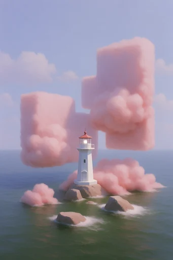 Plush Pastel Surrealism style reference image — floating geometric forms