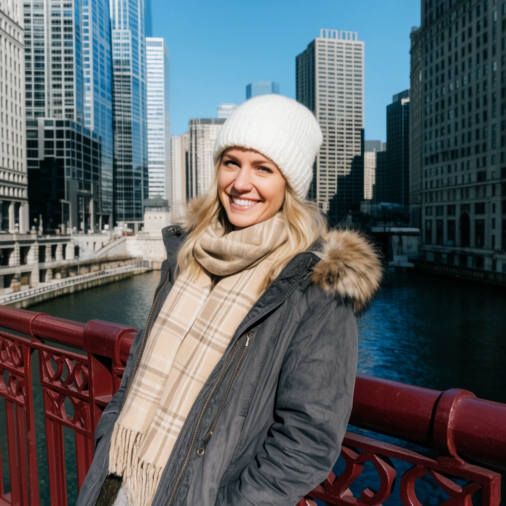 smiling blonde woman wearing a white knit beanie, beige plaid scarf, dark grey fur-lined parka, leaning backward against an ornate maroon metal bridge railing, urban river canyon background with dark blue water, flanked by towering glass and concrete skyscrapers, clear bright blue sky, sharp daylight photography, casual lifestyle portrait, crisp winter shadows, high depth of field