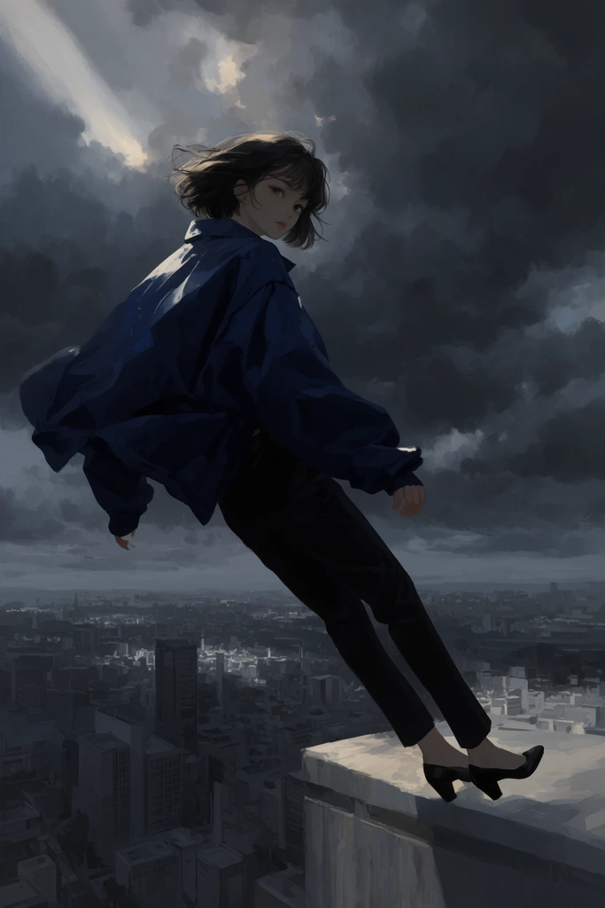 A young woman falls backward off a high concrete ledge above a sprawling, monochromatic cityscape beneath turbulent stormy skies. Suspended in mid-air, she wears an oversized, billowing navy jacket, dark trousers, and black heeled shoes. She looks back over her shoulder with a calm expression, her short dark hair blowing in the wind. The dizzying perspective isolates her against massive, dark clouds. Rendered in a moody, painterly digital illustration style, a sharp shaft of pale light breaks through the overcast sky to catch the edges of her hair and shoulder, emphasizing the dramatic, melancholic atmosphere.