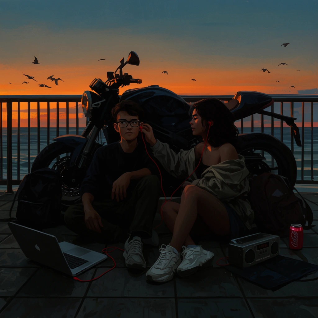 Two young adults sit on a tiled pier sharing red wired earphones beside a dark motorcycle at sunset. The woman, wearing an off-shoulder jacket and white sneakers, gently places an earbud into the bespectacled man's ear. An open laptop, radio, backpacks, and a red soda can rest near them on the ground. A metal railing frames an ocean backdrop beneath an orange and blue gradient sky dotted with flying birds. The cinematic digital painting features moody, high-contrast lighting with a dark foreground against the vibrant sunset.