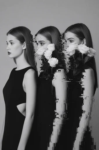 Monochrome Glitch Deconstruction style reference image — minimalist digital distortion