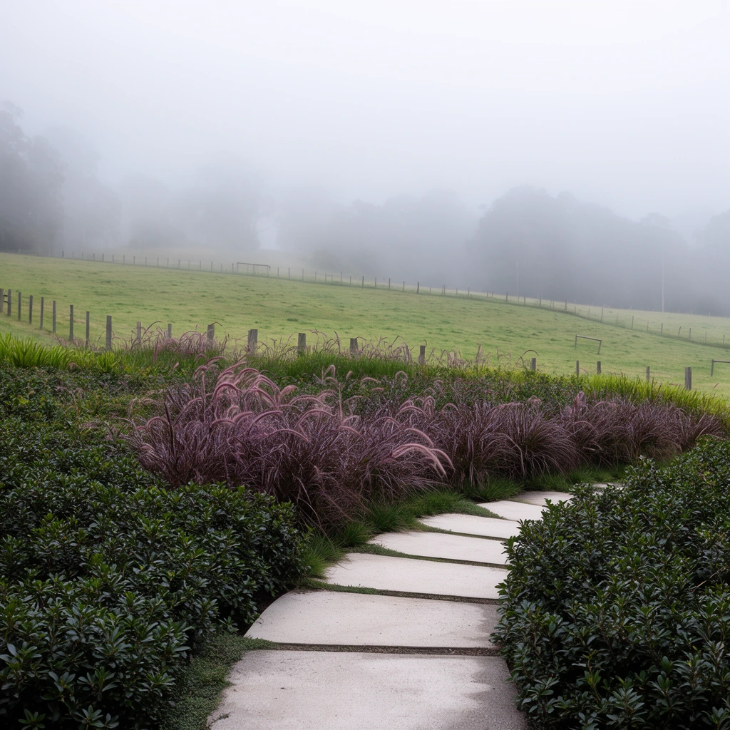 A segmented concrete pathway winds through dense, dark green shrubs and feathery purple ornamental grasses. Beyond the planted garden, a sloped green pasture divided by a wooden post fence fades into a thick, atmospheric white fog that completely obscures the distant forest silhouettes.