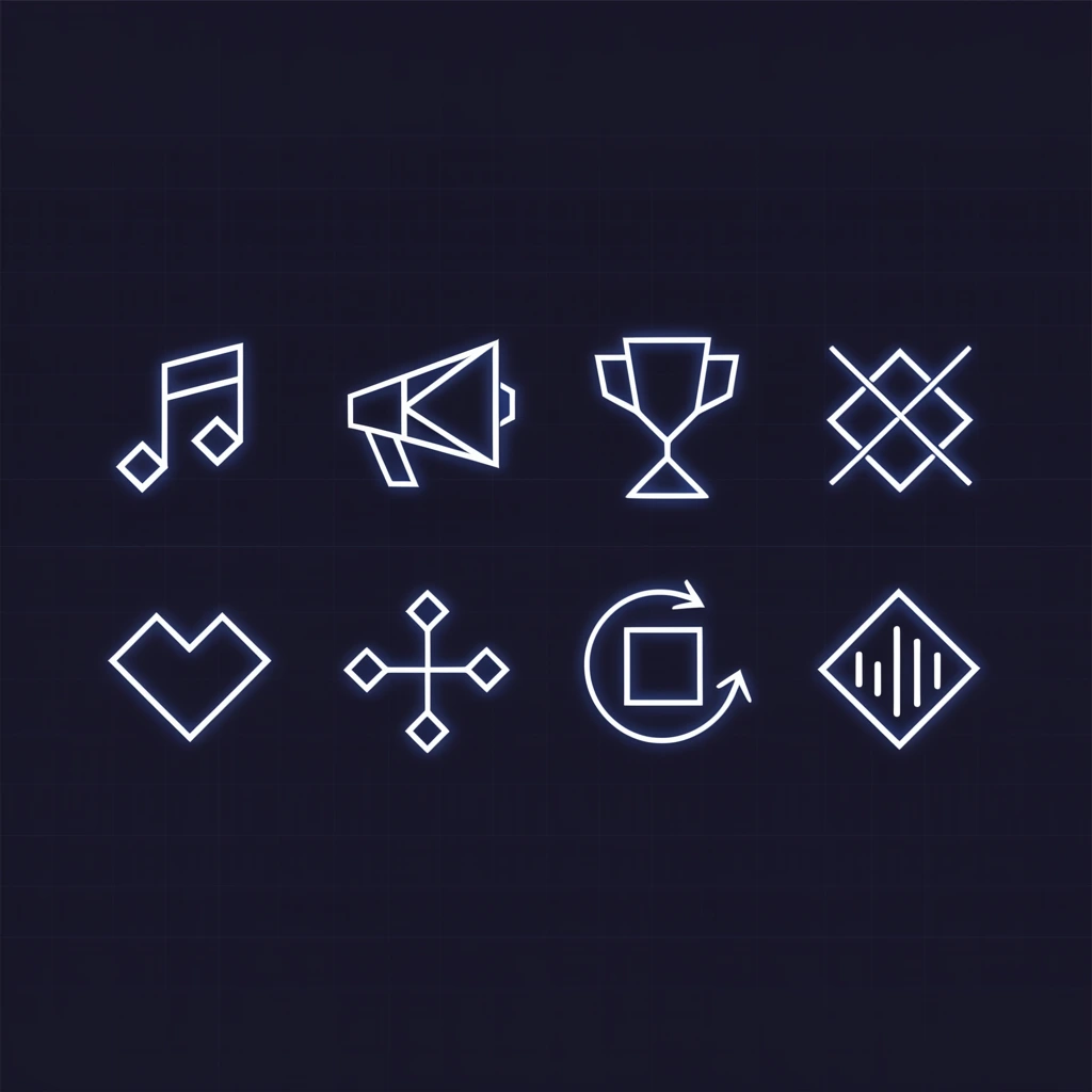 dark minimalist digital interface displaying a two-by-four grid of geometric glowing line-art icons, deep navy blue background with a faint orthogonal grid pattern, thin stark white lines emitting a subtle blue neon halo, stylized angular shapes including diamond-based musical notes, geometric megaphone, linear trophy, crossed-out diamond, angular heart, connected branching diamond nodes, rotating circular arrow around a square, equalizer sliders inside a diamond frame, futuristic flat design aesthetic, precise symmetrical layout, sharp vector graphics
