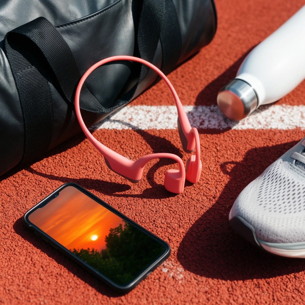 A high-angle flat lay of workout gear scattered on a textured rust-red athletic track intersected by a crisp white painted line. At the center, a pair of coral pink bone-conduction sports headphones leans against a black leather duffel bag featuring wide woven nylon straps. In the lower left corner, a black smartphone lies face up, its screen displaying an image of a vivid orange sunset over dark green trees. To the upper right, a solid white water bottle with a metallic silver cap lies on its side, while the toe box of a light gray mesh running shoe enters the frame from the bottom right. Bright, directional sunlight casts sharp, elongated dark shadows across the gritty synthetic track surface, highlighting the contrasting textures and vibrant color palette with a shallow depth of field blurring the topmost edges.