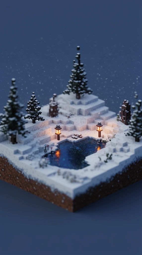Isometric 3D voxel diorama of a snowy winter landscape floating against a solid dark blue background. The miniature block-based terrain features stepped snow-covered hills, dark pine trees, and a cross-section revealing brown earth beneath the snow. A dark blue pond reflects the warm orange glow of two voxel lanterns. Gentle snow falls across the scene. Rendered with a tilt-shift effect, the shallow depth of field emphasizes a toy-like miniature aesthetic, contrasting warm luminous accents with deep cool ambient shadows.