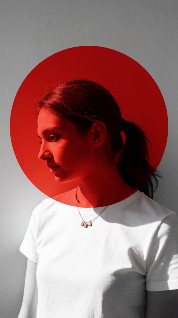 A profile portrait of a young woman is overlaid with a large, solid red circle that encompasses her head and neck against a neutral background. The woman faces toward the left, her head tilted slightly downward and her expression neutral. Her dark hair is pulled back into a ponytail with loose strands visible. She wears a plain, short-sleeved white t-shirt and a delicate silver necklace with three small, square-shaped charms. A large, perfectly circular red graphic is centered over the top half of her body; it acts as a color filter, tinting her skin and hair a vibrant red where it overlaps. The background consists of a flat, light gray wall with a subtle, uneven texture. Harsh, high-contrast lighting from the left side of the frame creates a strong highlight on the bridge of her nose, her forehead, and her chin, while casting the right side of her face and the back of her head into deep shadow. The composition is minimalist and centered, using a medium-shot framing that focuses on the interplay between the organic form of the subject and the bold, geometric shape of the red circle. The color palette is stark, dominated by the saturated red, the crisp white of the shirt, and the grayscale tones of the shadows and background.