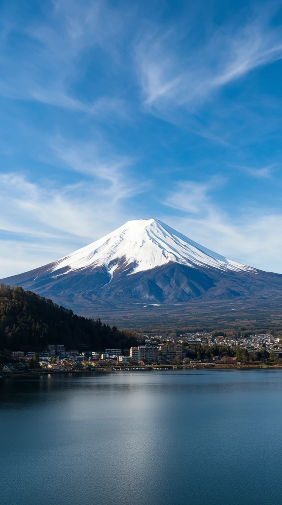 Majestic snow-capped stratovolcano towering over a serene blue lake, symmetrical conical peak covered in bright white snow, dark rugged lower slopes, lakeside town with clustered buildings nestled at the mountain base, forested hillside sloping to the water on the left, vibrant blue sky with wispy streaking clouds, wide-angle landscape photography, natural daylight, crisp focus, high contrast between pristine snow and earthy foothills, monumental scale