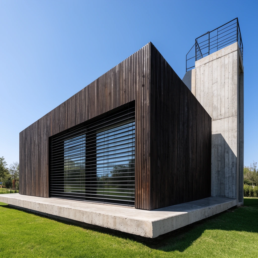 A minimalist architectural structure featuring a cuboid volume clad in dark vertical wood slats resting on a raised raw concrete plinth. A large sliding glass window with black horizontal louvers occupies the sunlit facade. Beside it stands a tall concrete tower topped with a black metal railing. The sharply angled building sits on a bright green lawn under a clear blue sky, bathed in harsh daylight that casts distinct geometric shadows.