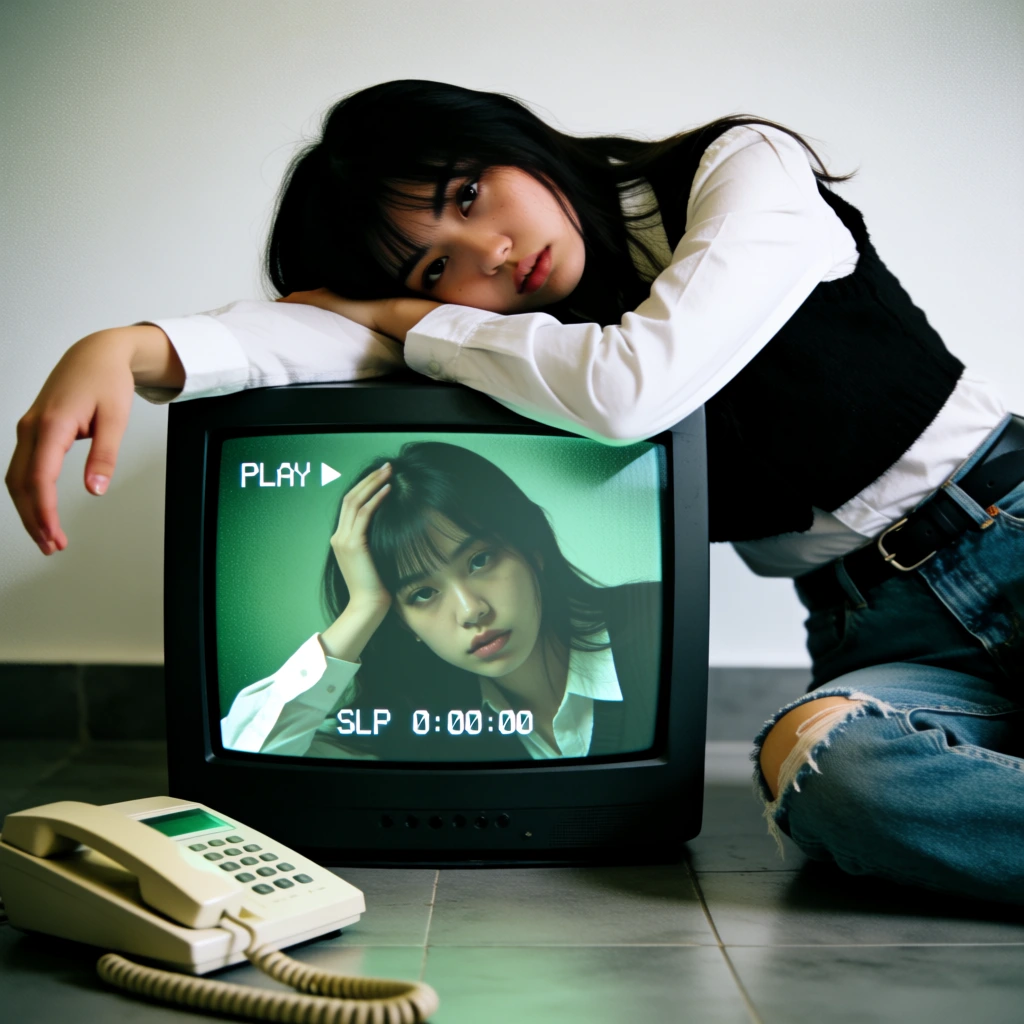A young woman with long dark hair leans over a vintage CRT television that displays a green-tinted image of her, while an old-fashioned telephone sits on the floor in the foreground. The woman is wearing a white long-sleeve shirt under a black cropped vest, paired with blue denim jeans that feature a distressed rip at the knee and a black belt. She is kneeling on a grey tiled floor, leaning her torso and head across the top of the bulky silver-cased television, resting her face on her crossed arms as she gazes forward with a calm, neutral expression. On the television's glowing screen, a green-hued video displays the same woman from a closer perspective, showing her holding her hand to the side of her head. In the bottom left foreground, a beige analog landline telephone lies on the floor with its coiled cord extending towards the bottom edge. The scene is set against a plain, off-white wall, creating a minimalist domestic backdrop. Text on the television screen includes the word "PLAY" followed by a small right-pointing triangle in the top-left corner, and "SLP 0:00:00" centered at the bottom, all rendered in a white, blocky, digital font characteristic of a VHS playback interface. The image has a low-fidelity, nostalgic aesthetic with a grainy texture, muted colors, and soft, even lighting.
