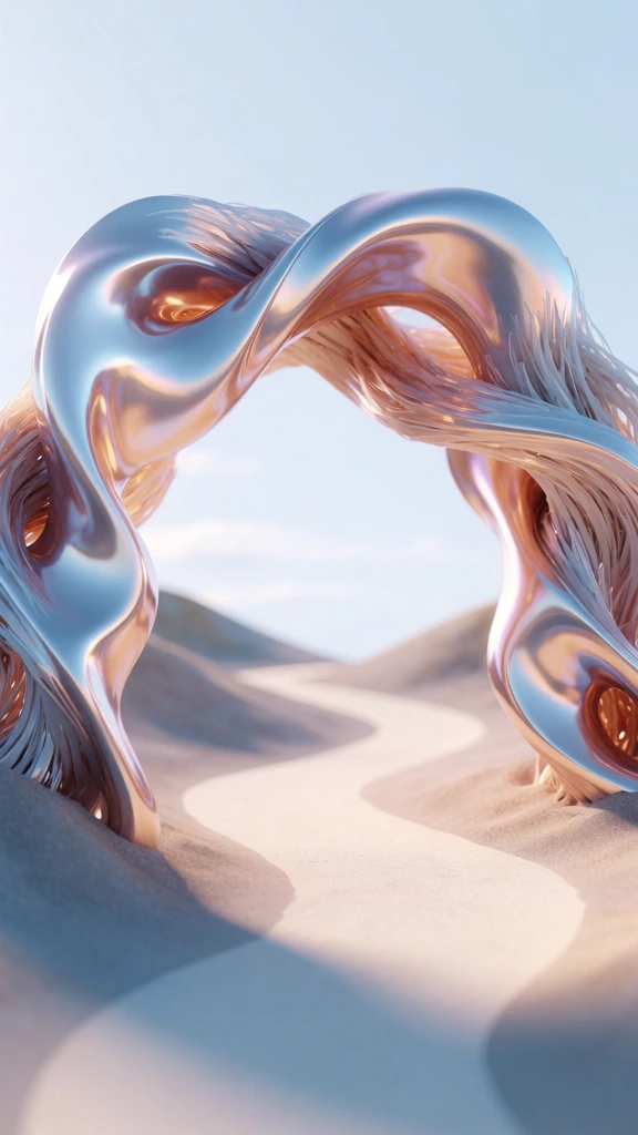 sand path and rolling hills framed by an organic archway of thick fibrous material, rendered in a high-gloss iridescent liquid metal style, reflective chrome finish with pale blue and warm copper highlights, soft studio lighting, deep shadows, ethereal and surreal 3d cgi aesthetic, minimalist composition, smooth gradients, polished metallic textures against a soft neutral background, high-end commercial art direction, atmospheric and futuristic