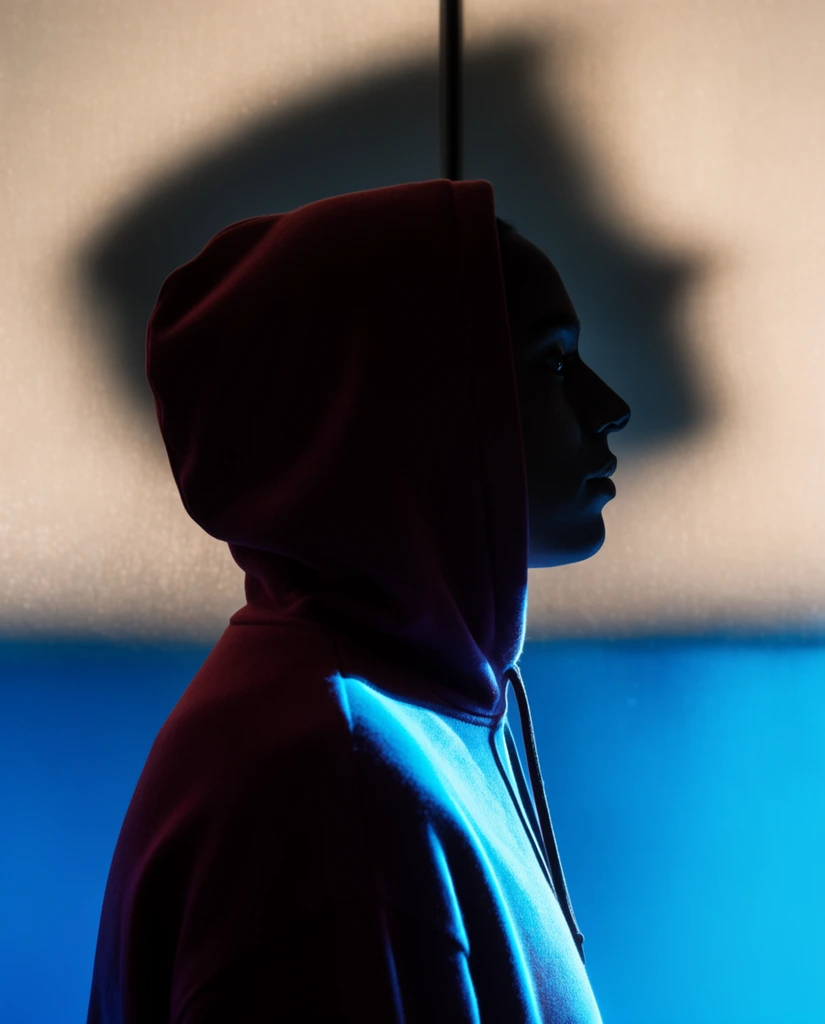 Close profile silhouette of a person facing right, wearing a maroon hoodie caught by a sharp electric cyan rim light along the shoulder. The background is a frosted surface split horizontally into warm beige and vibrant blue, displaying a large diffused dark shadow and a thin vertical line. High-contrast cinematic portrait photography.