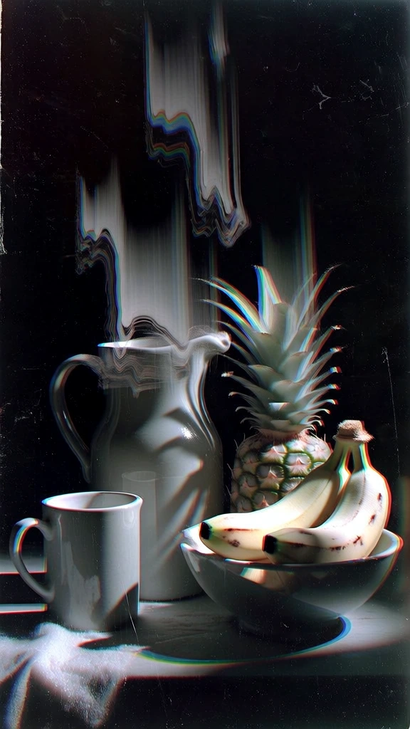 still life of a pitcher, mug, potted plant, bananas, pineapple, and fruit bowl on a surface, rendered with a distorted slit-scan glitch aesthetic, dramatic vertical motion smears, liquid-like trails, ghosted repetitions of objects, prominent chromatic aberration with prismatic color fringing, high-contrast lighting against a deep black void, surreal analog scanner texture, sharp details at contact points, experimental art direction, moody minimalist atmosphere.