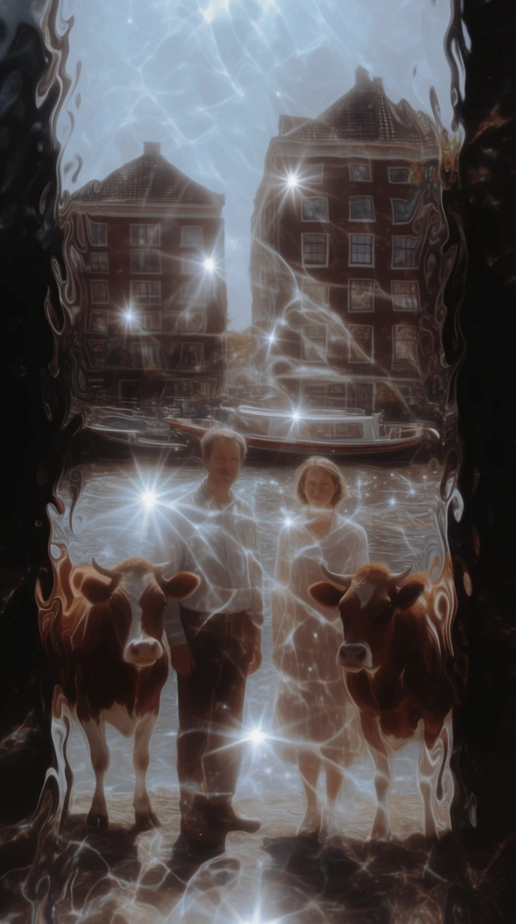 Two buildings, a man, a woman, two cows, and boats viewed through a heavily rippled, liquid-distorted glass pane featuring brilliant starburst lens flares and caustic light reflections. The man, woman, and two cows are positioned in the foreground with the two buildings and boats behind them, all heavily warped by thick, undulating vertical wave distortions overlaying the entire frame. Bright, icy-white, four-pointed star glints and shimmering, web-like aquatic light patterns curve and stretch across the figures, animals, and architecture. The underlying subjects and environment are rendered in a warm, muted palette of sepia, deep bronze, and mahogany tones that melt into deep, inky black shadows along the heavily distorted left and right edges. The pronounced glass ripples bend the structural lines of the environment, creating an ethereal, high-contrast, low-fi aesthetic dominated by luminous specular highlights and deep, vignetted borders.